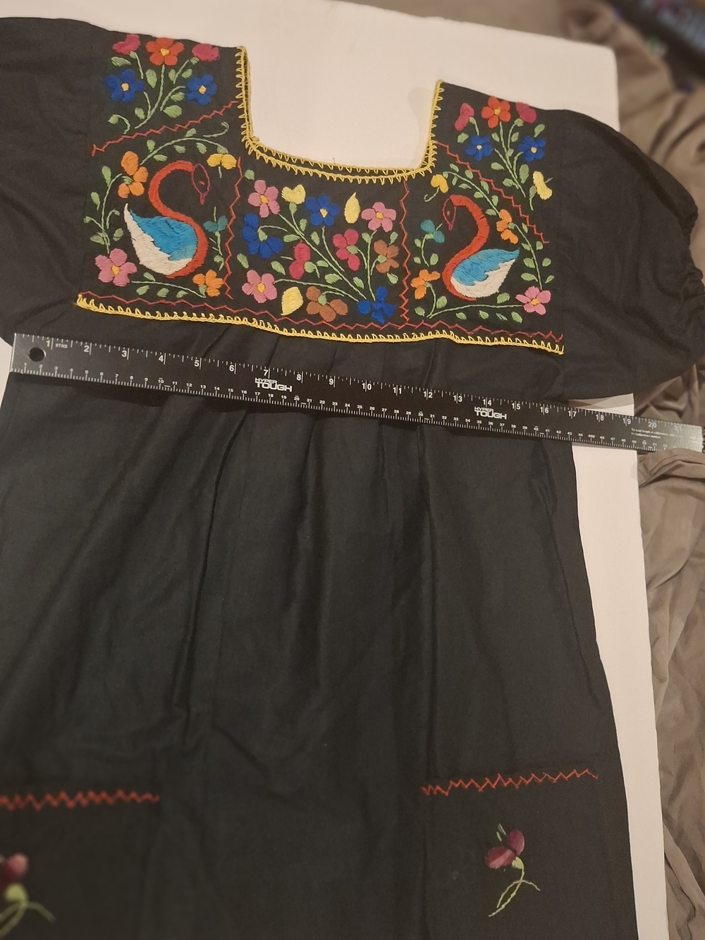 Black Embroidered Boho Peasant Blouse with Colorful Floral Birds - Picture 8 of 11